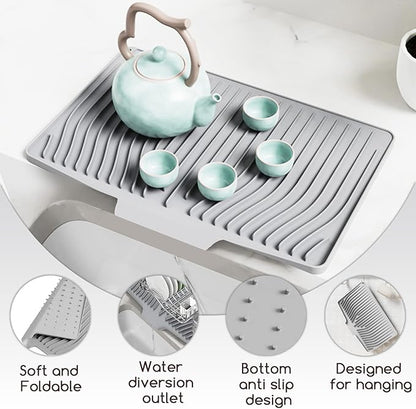 Large Premium Silicone Dish Drainers for Kitchen Counter - 18.5"x13" Non-Slip, Heat-Resistant (450°F) with Hanging Hole, Multi-Use Dish Rack Mat (Gray)