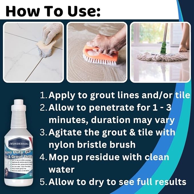 Wonderson Professional Strength 2-in-1 Heavy Duty Tile & Grout Cleaner with Acid Mimic Formula for White & Colored Grout with Ceramic or Porcelain Tiles - 32oz - 2 Pack