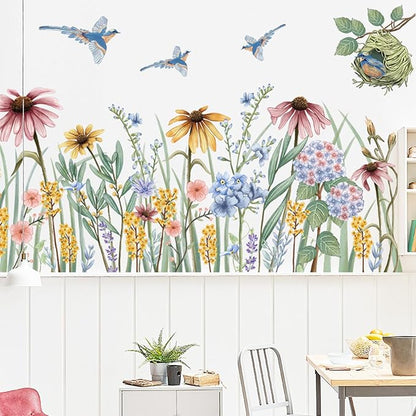 Wildflower Grass Daisy Wall Decals, Garden Floral Birds Flower Wall Stickers, BWCXXZH Self-Adhesive Wall Art Stickers for Girls Bedroom Living Room Nursery Decor