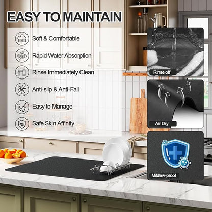 Ecotrim - Dish Drying Mat for Kitchen Counter | Coffee Bar Mat for Countertops | Heat Resistant Drainer Mat with Non-slip Rubber Backed | Hide Stain Kitchen Absorbent Draining Mat | Black 16"x18"