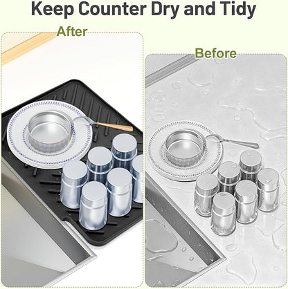 Silicone Dish Drying Mat for Kitchen Counter Essentials with Wider Drain Spout, Non-Slip Heat Resistant Dish Drying Pad with Hanging Hole for Sink RV Camper Travel Multipurpose Drainer Mat Black