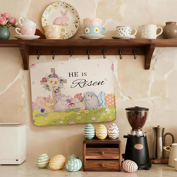 Easter Dish Drying Mat, Ultra Absorbent Easter Drying Mat for Kitchen Counter, Coffee Maker, 18 x 24 Inch