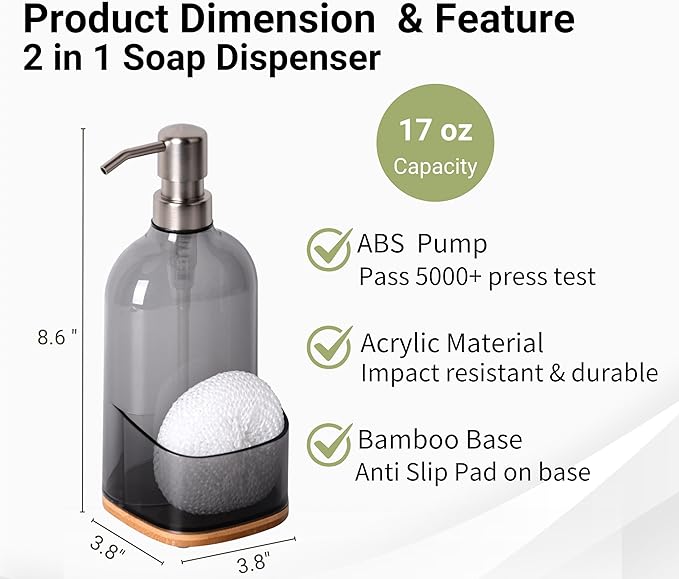 Kitchen Soap Dispenser with Sponge Holder, Refillable Acrylic Dish Soap Dispenser 17oz for Kitchen Sink and Bathroom, Anti Slip, Countertop Home Decor (Grey)