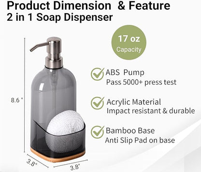 Kitchen Soap Dispenser with Sponge Holder, Refillable Acrylic Dish Soap Dispenser 17oz for Kitchen Sink and Bathroom, Anti Slip, Countertop Home Decor (Grey)