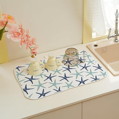 Coastal Dish Drying Mat 18x24 Inch Summer Navy Blue Teal Turquoise Starfish Summer Drying Mat Nautical Beach Ocean Absorbent Dish Drying Pad Dish Rack Drainer Mats for Kitchen Dining Counter