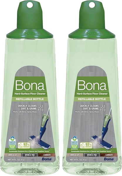Bona Multi-Surface Floor Cleaner Refillable Spray Mop Cartridge, for Stone Tile Laminate and Vinyl LVT/LVP, 34 Fl Oz (Pack of 2)