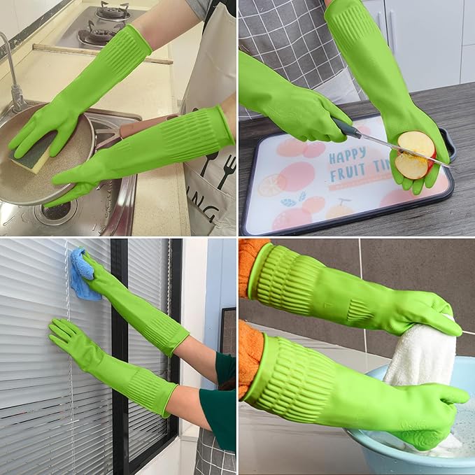 Reusable Rubber Cleaning Gloves - Waterproof, Non-Slip 15" Long Cuff Kitchen Gloves for Dishwashing, 3 Pairs (Yellow, Red, Green), Large
