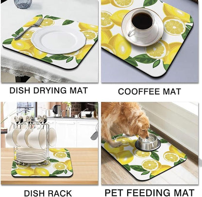 Rubber Dish Drying Mat for Kitchen Counter Large Lemon Washable Quick Home Coffee Pad Fit Under Sink,Bar,Utensils 16x18in