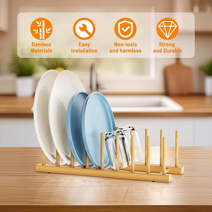 Bamboo Dish Drying Rack for Kitchen Organizer-Sturdy Plate Rack Organizer with Natural Bamboo,Dish Rack Holds Plates, Bowls, Cups & Cutting Boards-Dish Drying Rack for Countertop & Cabinets