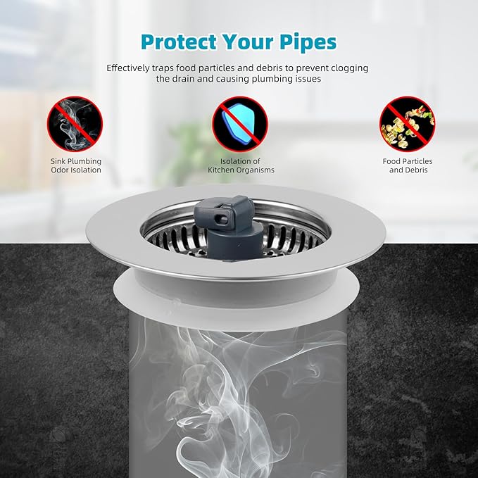 Hibbent 3 in 1 Kitchen Sink Drain Strainer, Stainless Steel Wrapped Shell Drain Stopper Combo, Pop Up Sink Stopper, 3 SUS304 Anti-Clogging Basket Strainer with Handle for US Standard 3-1/2" Drain