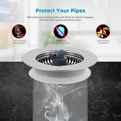 Hibbent 3 in 1 Kitchen Sink Drain Strainer, Stainless Steel Wrapped Shell Drain Stopper Combo, Pop Up Sink Stopper, 3 SUS304 Anti-Clogging Basket Strainer with Handle for US Standard 3-1/2" Drain