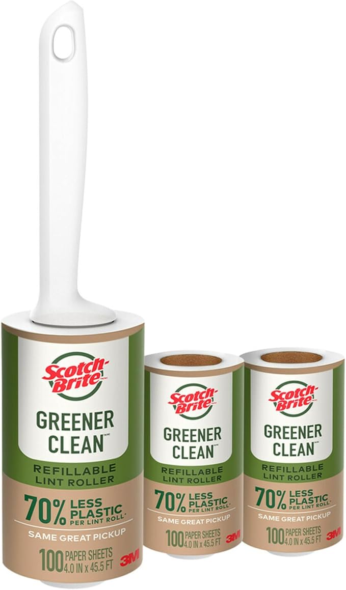 Scotch-Brite Greener Clean Lint Roller, Reusable Lint Rollers for Clothes, Furniture, and Pet Hair, Tidy Up Fabrics with a More Sustainable Fuzz Remover, 1 Roller, 2 Refills