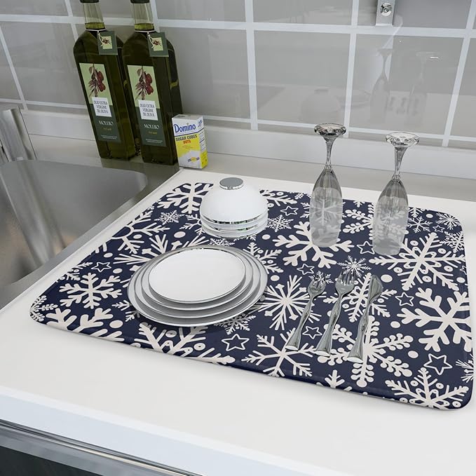 Dark Blue Winter Dish Drying Mat for Kitchen Counter 18x24 Cream Snowflake Holiday Theme Seasonal Absorbent Reversible Microfiber Drying Mats Kitchen Countertop Protector Dishes Drainer Pad