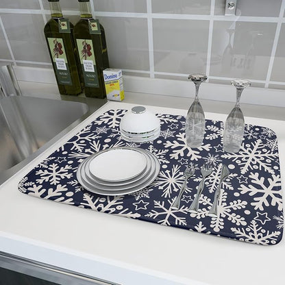 Dark Blue Winter Dish Drying Mat for Kitchen Counter 18x24 Cream Snowflake Holiday Theme Seasonal Absorbent Reversible Microfiber Drying Mats Kitchen Countertop Protector Dishes Drainer Pad