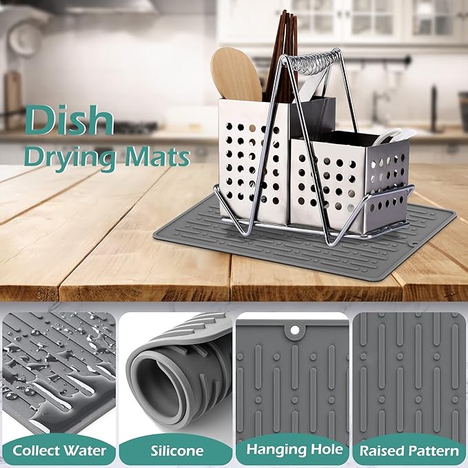 GeeRic Dish Drying Mats, Heat-resistant Silicone Mat for Kitchen Counter, Non-Slip Dish Dry Mat Dishwasher Safe Small, Gray