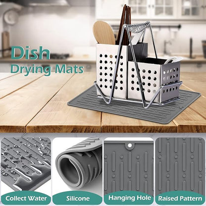 GeeRic Dish Drying Mats, Heat-resistant Silicone Mat for Kitchen Counter, Non-Slip Dish Dry Mat Dishwasher Safe Small, Gray