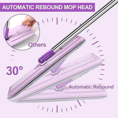Mop and Bucket with Wringer Set, Hands Free Flat Floor Mop and Bucket, 3 Washable Microfiber Pads Included, Wet and Dry Use, Home Floor Cleaning System for All Floor Types and Windows, Purple