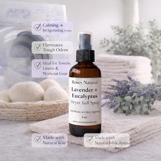 Natural Dryer Ball Spray, 4 oz, Patchouli, Lavender,Essential Oil Laundry Refresher, Fabric Freshener for Clothes, Linens & Wool, Anti-Static & Odor Neutralizer, Made in the USA (Lavender Eucalyptus)