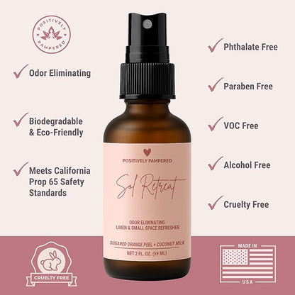 Sol Retreat Luxury Small Space Air & Linen Freshener Spray - Sugared Mango + Coconut Milk - Artisan Blended Home Fragrance - Non Toxic Room Spray + Odor Eliminator - 2 oz Travel Size