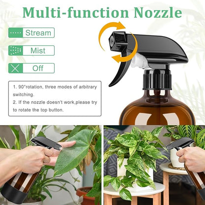 Amber Glass Spray Bottles 3 Pack, 17 oz/500 ml Glass Spray Bottles for Cleaning, Plants, Essential Oils, Hair Care, Refillable Empty Spray Bottle with Adjustable Nozzle for Squirt and Mist