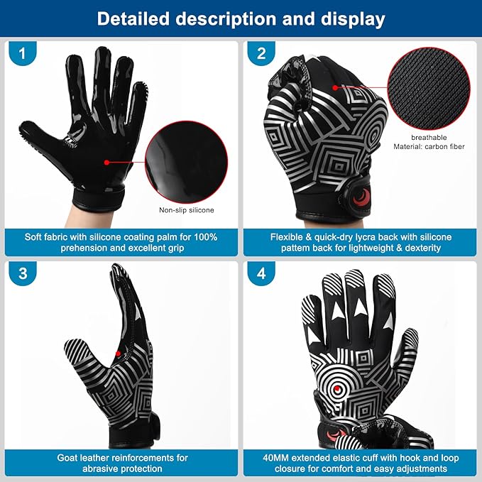 Youth Football Gloves Kids Silicone Grip Receiver Gloves with Super Stick Ability for Best Game Experience