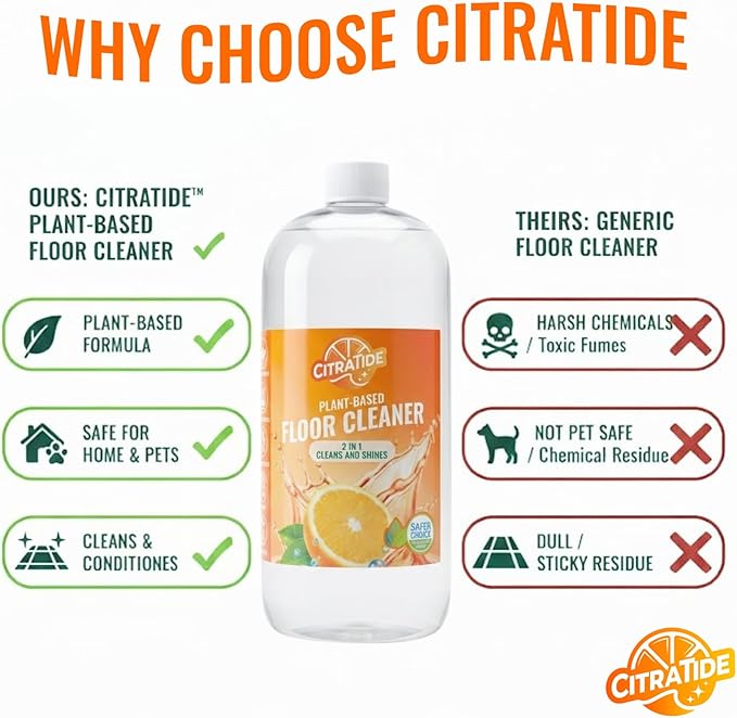 Hardwood Floor Cleaner and Polish Restorer – Heavy Duty Plant-Based Cleaning & Conditioning Citrus Formula for Tile, Wood, Laminate & Vinyl Floors – Non-Toxic, Streak-Free, Safe for Kids & Pets
