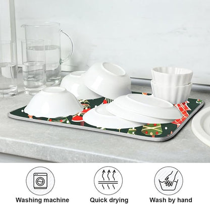 Christmas Tree Green Dish Drying Mat for Kitchen Counter Absorbent Microfiber Drying Pad, Medium 16x18 in