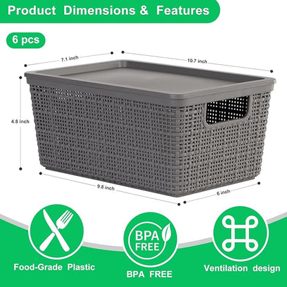6 Pack Plastic Storage Baskets With Lids,Grey Breathable Stackable Storage Bins,Small Storage Containers,for Organizing Storage Baskets on Desktops,Closets,Playrooms,Classrooms,Offices