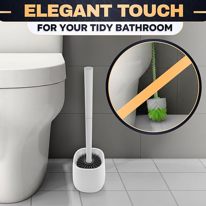 Toilet Brush and Holder Set - Silicone Toilet Bowl Brush with White Holder Base, Compact Bath Accessory for Small Spaces - Easy to Place and Simple to Store After Use, Plastic Bathroom Cleaning Tool