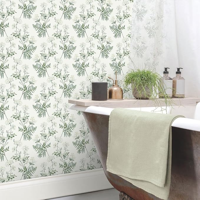 Timeet Peel and Stick Wallpaper Boho Green White Floral Leaf Contact Paper 16.14"x118.11" Flower Wallpaper Removable Self Adhesive Wall Paper for Walls Covering Vinyl Roll