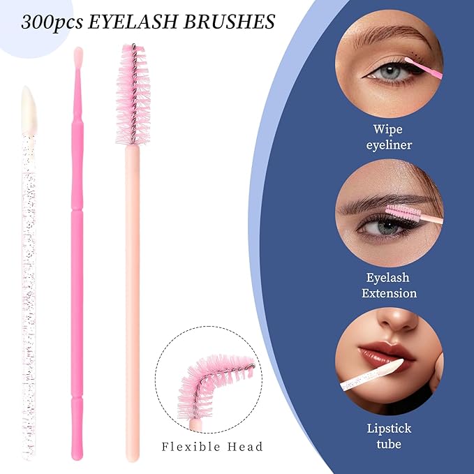 300 PCS Eyelash Extension Supplies Kit, Disposable Micro Applicator Brush, Eyebrow Spoolie, Lip Brush, Mascara Wand Applicator (Light pink)