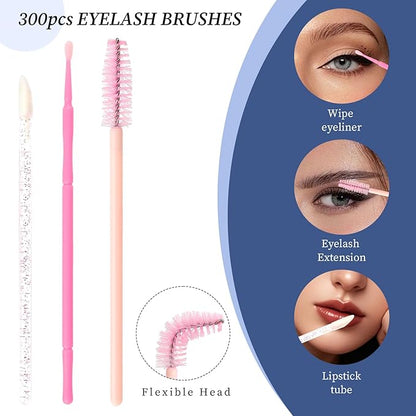 300 PCS Eyelash Extension Supplies Kit, Disposable Micro Applicator Brush, Eyebrow Spoolie, Lip Brush, Mascara Wand Applicator (Light pink)