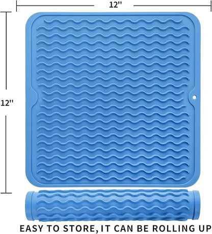 MicoYang Silicone Dish Drying Mat for Multiple Usage,Easy clean,Eco-friendly,Heat-resistant Silicone Mat for Kitchen Counter or Sink,Refrigerator or Drawer liner Lichen BlueL M 12 inches x 12 inches
