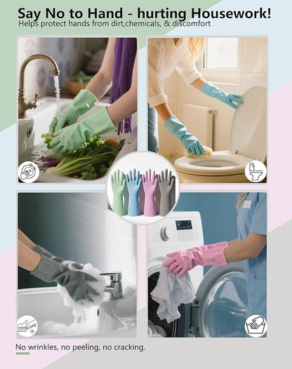 Rubber Cleaning Gloves for Dishwashing, 4 Pairs Reusable Kitchen Gloves for Washing Dishes with Non-Slip Grip