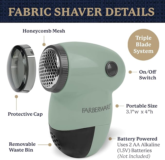 Farberware Fabric Shaver & Lint Remover for Clothes – Battery Operated Lint Shaver with Triple Blades, Sweater Shaver to Remove Pilling for Clothing, Couch, Furniture, Fuzz, Lint Balls