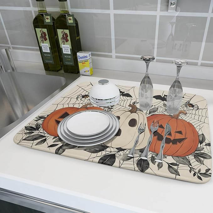Halloween Pumpkin Dish Drying Mat for Kitchen Counter 18x24 Black Bat Spiderweb Holiday Scary Theme Absorbent Reversible Microfiber Drying Mats Kitchen Countertop Protector Dishes Drainer Pad