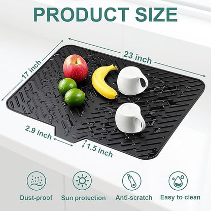 Silicone Dish Drying Mat 23x17 Multiple Usage,Easy clean,Eco-friendly,Heat-resistant Silicone Mat Dish Drying Mats For Kitchen Counter or Sink,Refrigerator or Drawer liner Black23inchx17inch