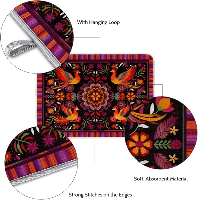 Dish Drying Mats with Hanging Loop for Kitchen Counter - Super Absorbent & Microfiber Sink Dry Mat with Mexican Flower, Non-Slip Backing, Dishes, Sink, Countertop Protection 18"x24"