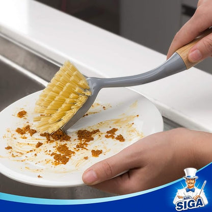 MR.SIGA Dish Brush with Long Bamboo Handle Built-in Scraper, Scrub Brush for Pans, Pots, Kitchen Sink Cleaning, Pack of 2