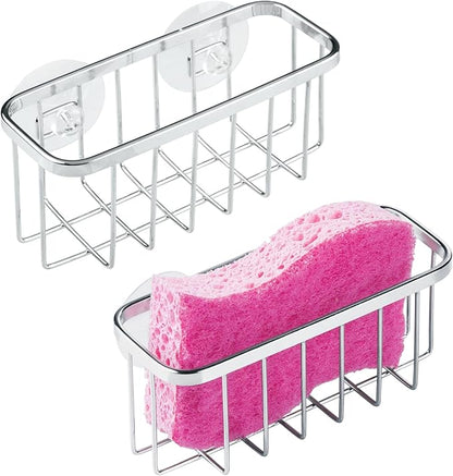 iDesign Stainless Steel Suction Sponge Holder, Kitchen Sink Sponge Caddy Organizer, 2-Pack, Polished