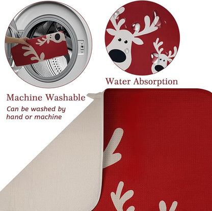 Christmas Dish Drying Mat, Ultra Absorbent Microfiber Dish Drainer Mat Christmas Reindeer Drying Mats for Kitchen Counter, Coffee Maker, Tableware Decor, 18 x 24 Inch