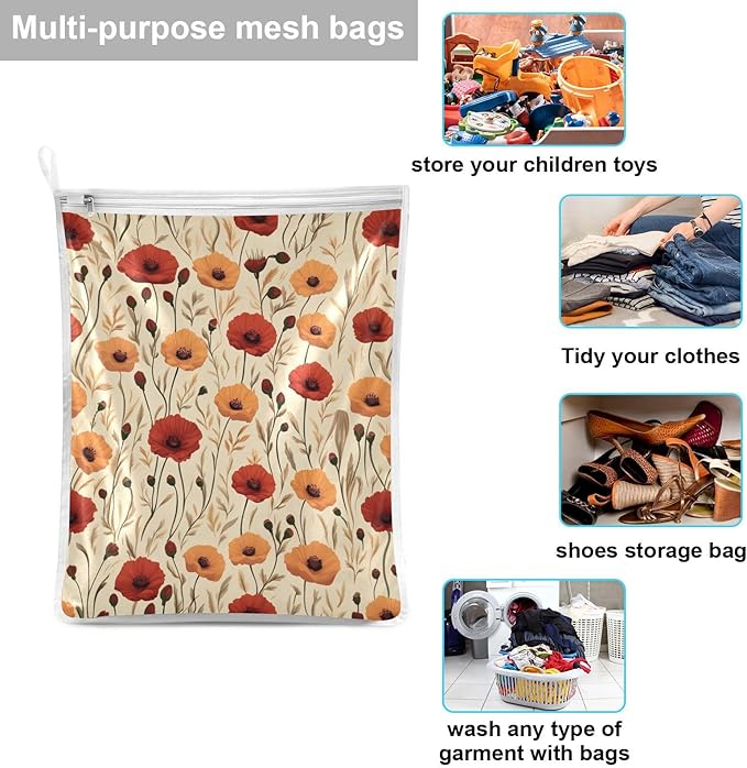 Mesh Laundry Bags Lingerie Bags for Washing Delicates 2 PCS Durable Wash Bag with Zipper Small and Medium Washable Cute Poppy Flowers Beige
