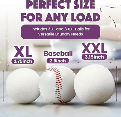 Wool Dryer Balls XL 6-Pack (3 XXL + 3 XL) – 100% New Zealand Wool, Hypoallergenic, Chemical-Free Fabric Softener – Reusable for 1,500+ Loads – Anti-Static & Baby-Safe