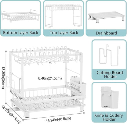 Dish Drying Rack,2-Tier Dish Racks for Kitchen Counter with Drainboard & Utensil Holder,Large Dish Drying Rack for Bowls/Cups/Bottles (White)