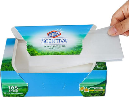 Clorox Scentiva Fabric Softener Dryer Sheets, Fresh Brazilian Blossoms Scent - Wrinkle Reducing Scented Softening Laundry Dryer Sheets for Great Smelling Clothes, 105 Count