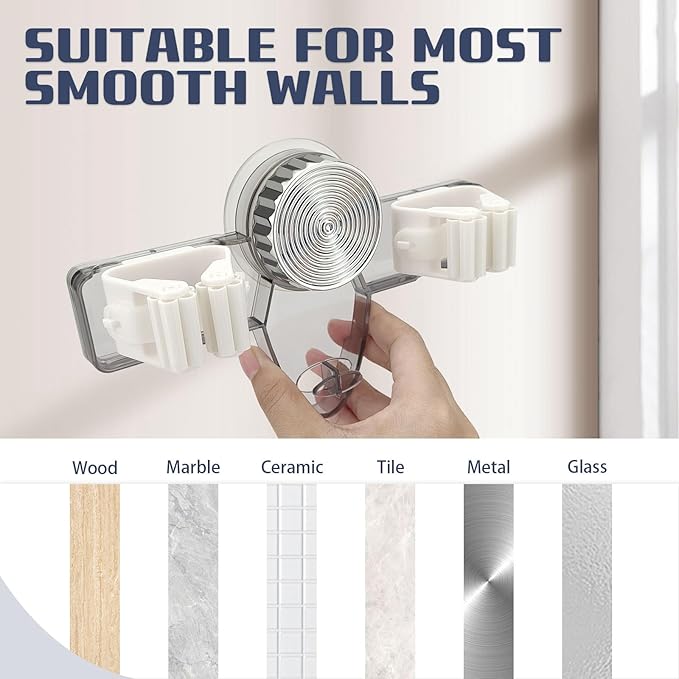 2 Pieces Self Adhesive Broom Holder Wall Mount, No Punching Heavy Duty Broom and Mop Organizer, Non-slip Mop Hanger with 2 Slots & 1 Hook for Bathroom Kitchen Laundry Room, Clear, Gray