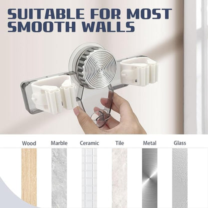 2 Pieces Self Adhesive Broom Holder Wall Mount, No Punching Heavy Duty Broom and Mop Organizer, Non-slip Mop Hanger with 2 Slots & 1 Hook for Bathroom Kitchen Laundry Room, Clear, Gray