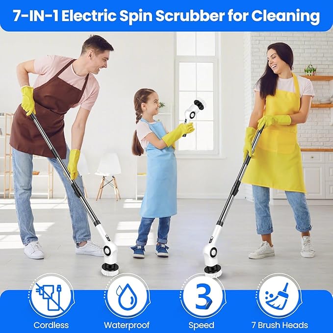 Electric Spin Scrubber, Cordless Power Shower Scrubber with 7 Scrub Brush, 3 Speeds, Adjustable Extension Handle, IPX7 Waterproof Electric Cleaning Brush for Bathroom Tub Tile Kitchen Car- White