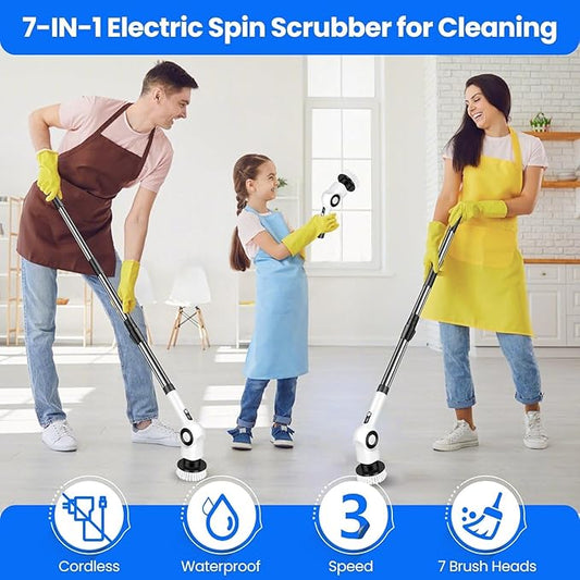Electric Spin Scrubber, Cordless Power Shower Scrubber with 7 Scrub Brush, 3 Speeds, Adjustable Extension Handle, IPX7 Waterproof Electric Cleaning Brush for Bathroom Tub Tile Kitchen Car- White