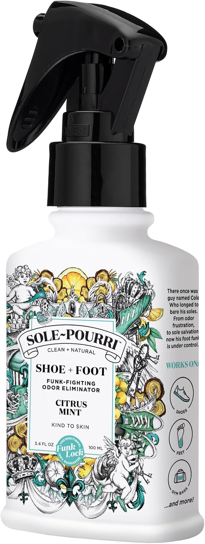 Sole-Pourri Shoe Deodorizer + Foot Spray,3.4 Fl Oz,Up to 150 Uses,Funk-Fighting Odor Freshener with Essential Oils,for Smelly Shoes,Feet & Gym Bags,Citrus & Mint Scent,(Pack of 2)